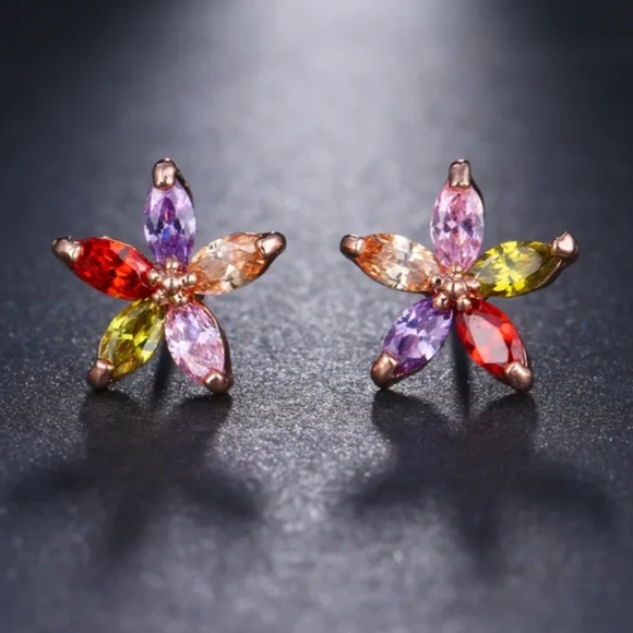 Rainbow Multi Coloured Zirconia Gem Studded Rose Gold Earring Tops - Picture 2 of 5